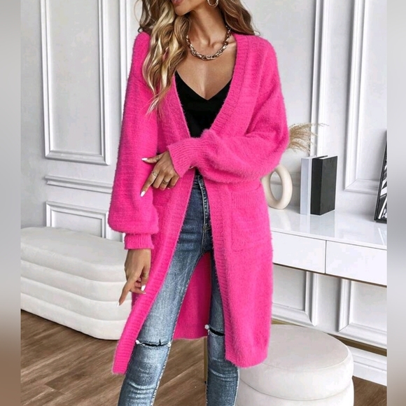 Morgan Long Fluffy Knit Cardigan - Open Front, Patch Pockets, Cozy Mesh Sweater - View #4
